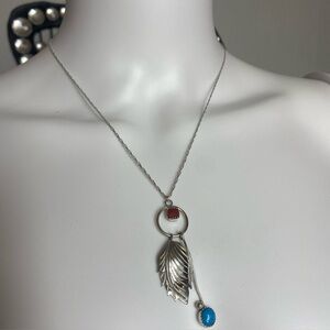 Navajo Sterling Silver 925 Necklace Pendant, Turquoise & Coral Bead Gemstone 22”